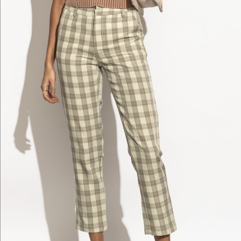 Bohme Plaid Paige Pants Straight Leg High Rise Pockets Green Extra Small
